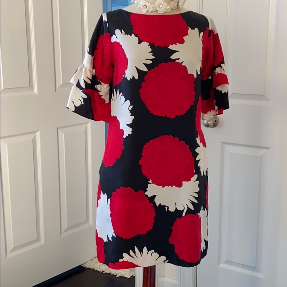 Pure silk floral sheath dress with ruffle sleeves